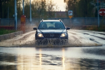 Obraz na płótnie Canvas Car driving through the puddle and splashing by water