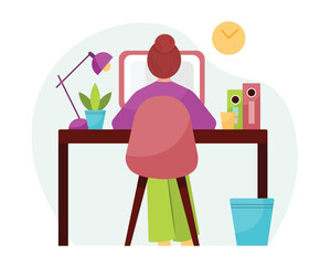 Back view of flat cartoon girl working on laptop at desk from home. Time management strategy for freelancers working in cozy environment. Idea of doing distant job. Vector