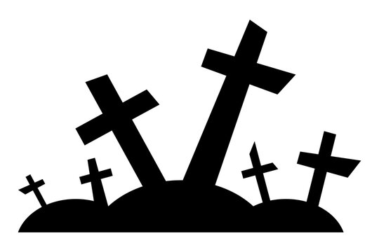 Cemetery black silhouette. Graves with crosses for Halloween design. Cemetery icon. Vector illustration isolated on white background.