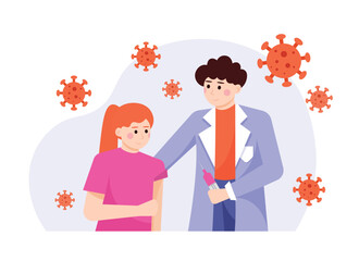 Female doctor in blue coat, holding syringe, young girl prepare to be vaccinated in hospital. Protection from pandemic for kids. Boosting immune system health. Flat vector illustration