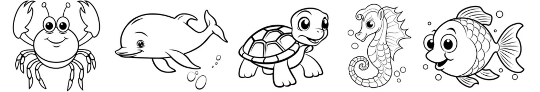 Sea animals - cute Crab lobster, Dolphin, Turtle, Seahorse and Fish, simple thick lines kids or children cartoon coloring book pages. Clean drawing can be vectorized to illustration. Generative AI