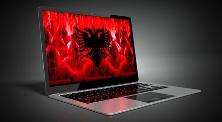 Albania - country flag and hackers on laptop screen - cyber attack concept