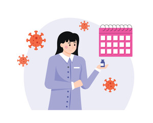 Medical worker in blue coat standing near vaccination calendar. Human clinical trials vaccination shots to avoid diseases. Protection from pandemic for people. Vector illustration