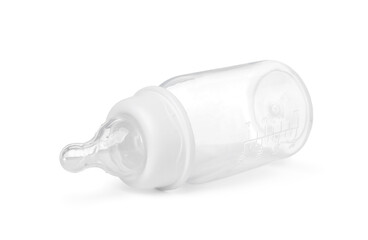 One empty feeding bottle for infant formula isolated on white