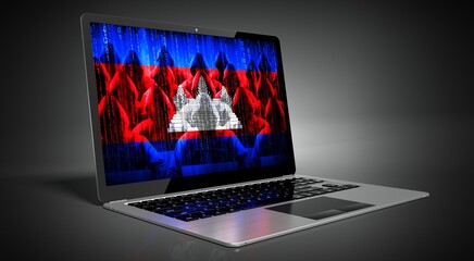 Cambodia - country flag and hackers on laptop screen - cyber attack concept