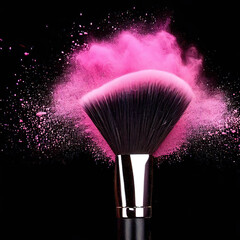 Make-up brushes with pink powder explosion isolated in a black background with Generative AI.