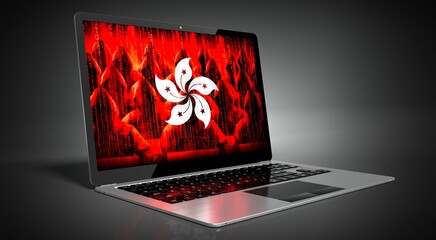 Hong Kong - country flag and hackers on laptop screen - cyber attack concept