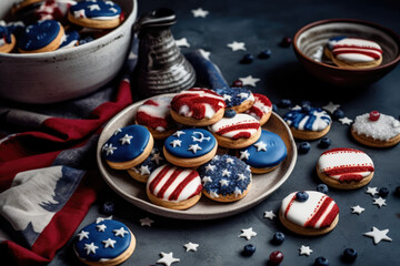Delicious Macaroons in colors of american flag. Independence day concept. Generative AI