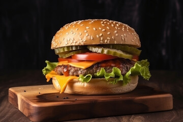 Cheeseburger with tomato and lettuce on wooden board