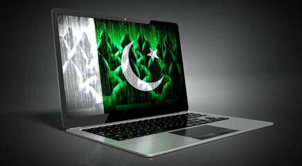 Pakistan - country flag and hackers on laptop screen - cyber attack concept