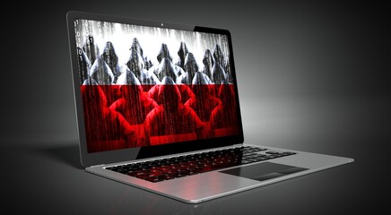 Poland - country flag and hackers on laptop screen - cyber attack concept