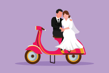 Fototapeta na wymiar Character flat drawing married riders couple trip travel relax. Romantic couple in honeymoon moment sitting and talking on motorcycle. Man with woman riding scooter. Cartoon design vector illustration