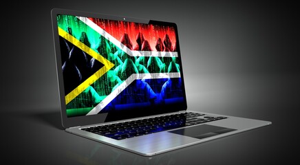 South Africa - country flag and hackers on laptop screen - cyber attack concept