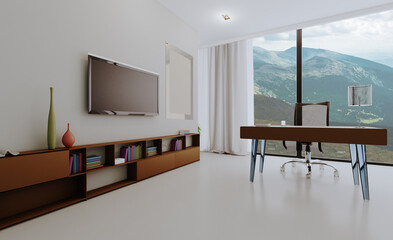 Modern office building interior. 3D rendering.. Mockup.   Empty paintings