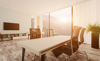 Open space office interior with like conference room. Mockup. 3D rendering.. Sunset.