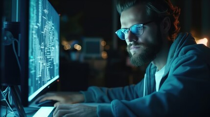 Focused developer coder wears glasses working on computer. Generative AI - obrazy, fototapety, plakaty