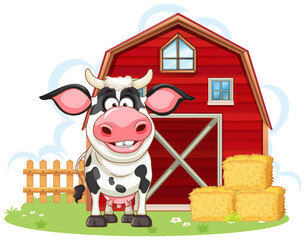 Cow with barn in cartoon style