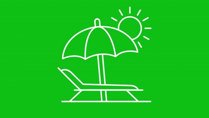 Sun bath white icon animation. Animated line beach chair and umbrella. Rotating sun. Loop HD video with chroma key, alpha channel, transparent background. Outline motion graphic animation