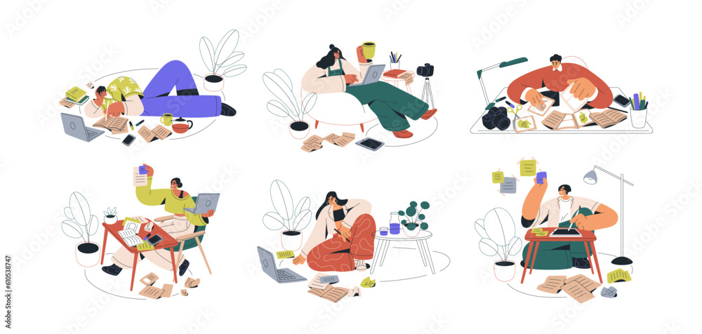 Poster creative work, idea generation, creativity in business concept. inspired people creating, planning, 