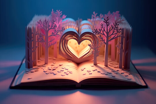 An open book with a heart cut out of it. Generative AI.