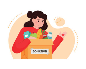 Active volunteer doing charity work concept. Lady helping other people with humanitarian aid, holding box with food and looking at heart in hand. Flat vector illustration in red colors