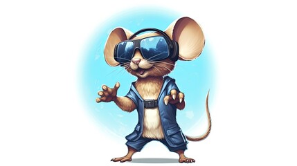 Mouse using a virtual reality headset on white background. Cartoon character. Cartoon illustration, Generative Ai