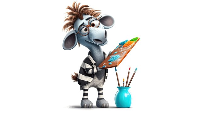 Zebra with a paintbrush and palette on white background. Cartoon character. Cartoon illustration, Generative Ai