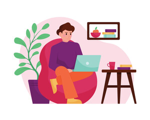 Cartoon freelancer working on laptop at home. Creative employee doing remote job. Cozy working environment. Vector flat style illustration on white background