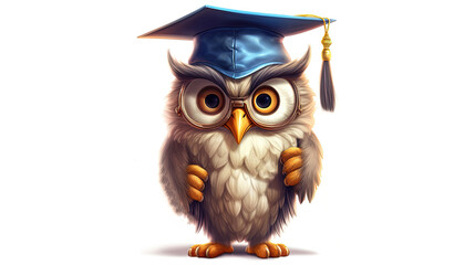 Fototapeta premium Owl wearing a graduation cap and holding a diploma on white background. Cartoon character. Cartoon illustration, Generative Ai