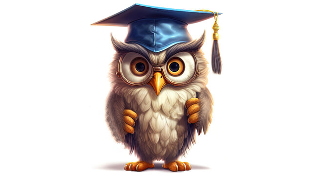 Owl wearing a graduation cap and holding a diploma on white background. Cartoon character. Cartoon illustration, Generative Ai