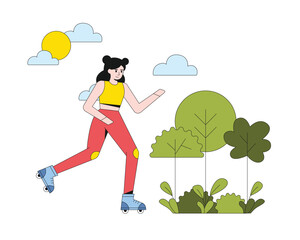 Cartoon positive girl rollerblading on street outdoors. Athletic people doing workout. Time for sports exercises and morning training. Active and healthy lifestyle. Vector illustration