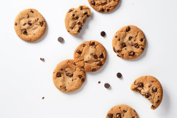 Chocolate chip cookies floating on a white background