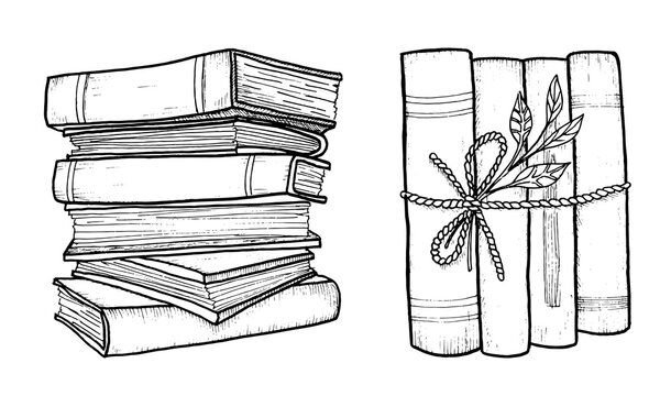 Stack of books sketch. Drawings engrave pile of old vintage dictionary and study research book vector doodle education stacked library literature illustration