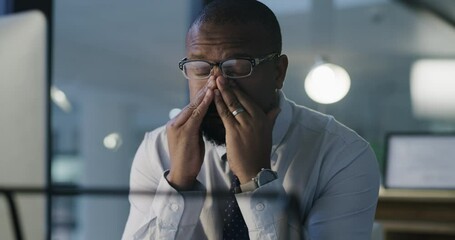 Business man, tired and headache on computer with pain, mental health problem and burnout or anxiety at night. Depressed, stress or fatigue african person with glasses, migraine or working on desktop