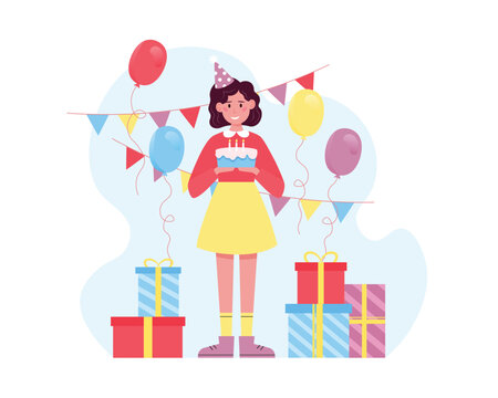 Birthday Party. Smiling Girl With Cone Hat On Head Holding Cake With Candles In Hands And Standing Among Gift Boxes And Flying Colorful Balloons. Vector Illustration