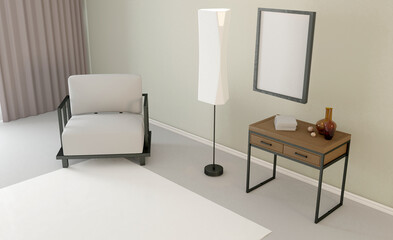 Furniture set with table, chairs and devices. 3D rendering.. Mockup.   Empty paintings