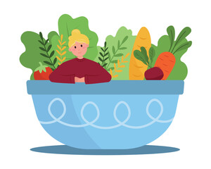 Cartoon girl peeking out of salad plate. Fruits and vegetables as sources of energy. Idea of vegetarian diet. Process of weight loss. Vector illustration on white background