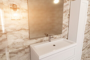 Modern bathroom including bath and sink. 3D rendering.. Sunset.