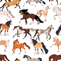 Horses print, seamless pattern. Endless equine background design, stallions breeds. Repeating backdrop, texture with animals herd. Printable flat vector illustration for textile, fabric, wrapping