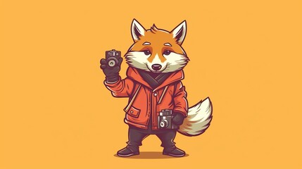 Fox with a camera taking a selfie on orange background. Cartoon character. Cartoon illustration, Generative Ai