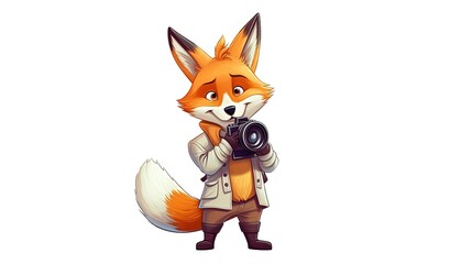 Fox with a camera taking a selfie on white background. Cartoon character. Cartoon illustration, Generative Ai
