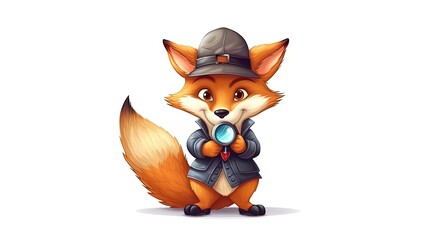 Obraz premium Fox wearing a detective hat and magnifying glass on white background. Cartoon character. Cartoon illustration, Generative Ai