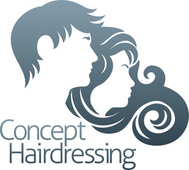 Hairdresser, hair salon, spa or similar concept icon with silhouette man and woman with flowing long hair.