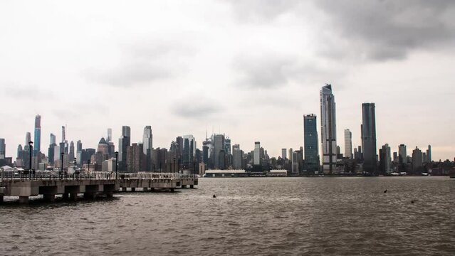 Time lapse of New York City skyline from across the river from Weehawken Pier in New Jersey
