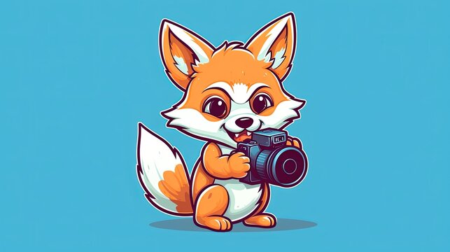 Fox with a camera taking a selfie on blue background. Cartoon character. Cartoon illustration, Generative Ai