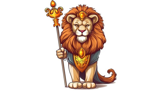 Lion Wearing A Crown And Holding A Scepter On White Background. Cartoon Character. Cartoon Illustration, Generative Ai