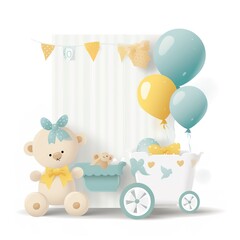 Baby shower banner with cartoon rocket and balloons.