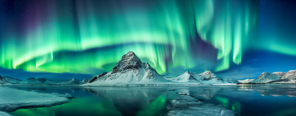 Aurora borealis on the Norway. Green northern lights above mountains. Night sky with polar lights. Night winter landscape with aurora and reflection on the water surface. Panorama view. Generative AI - obrazy, fototapety, plakaty