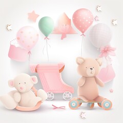 Baby shower banner with cartoon rocket and balloons.
