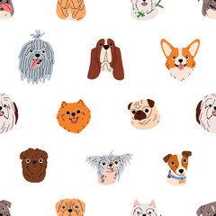 Cute dogs faces, muzzles pattern. Seamless background, repeating canine print with different doggy breeds. Endless texture design, amusing funny puppies heads, snouts. Colored flat vector illustration